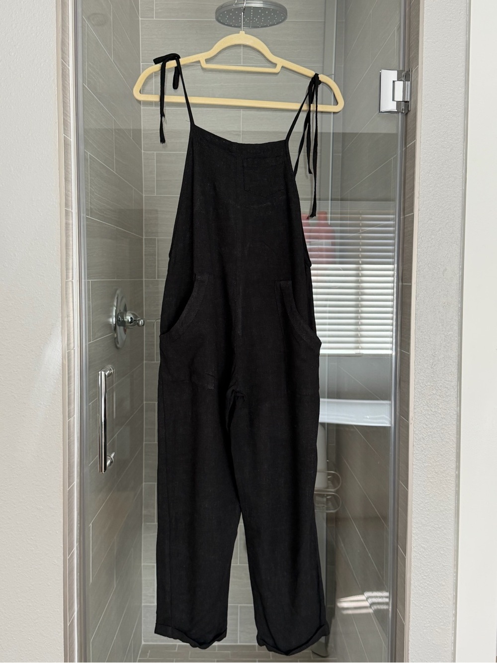 STILLWATER Black Linen Tie-Strap Overalls - Picture 1 of 3